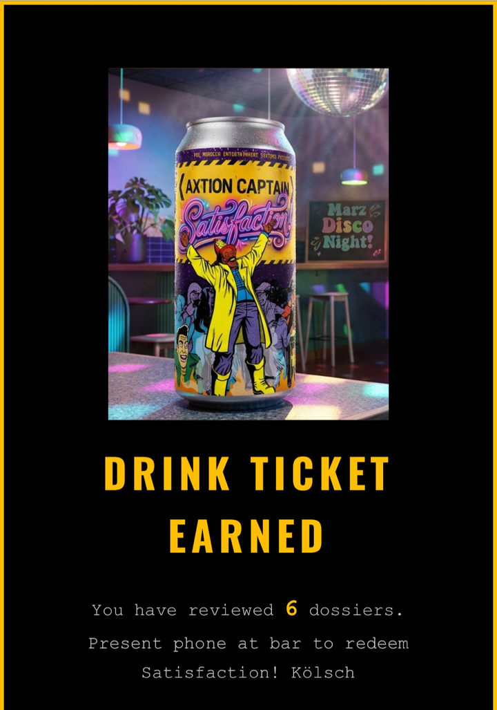 Drink ticket earned, Satisfaction Kolsch redemption screen
